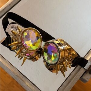 Burning Man Gold Spiked Goggles with Iridescent Lenses